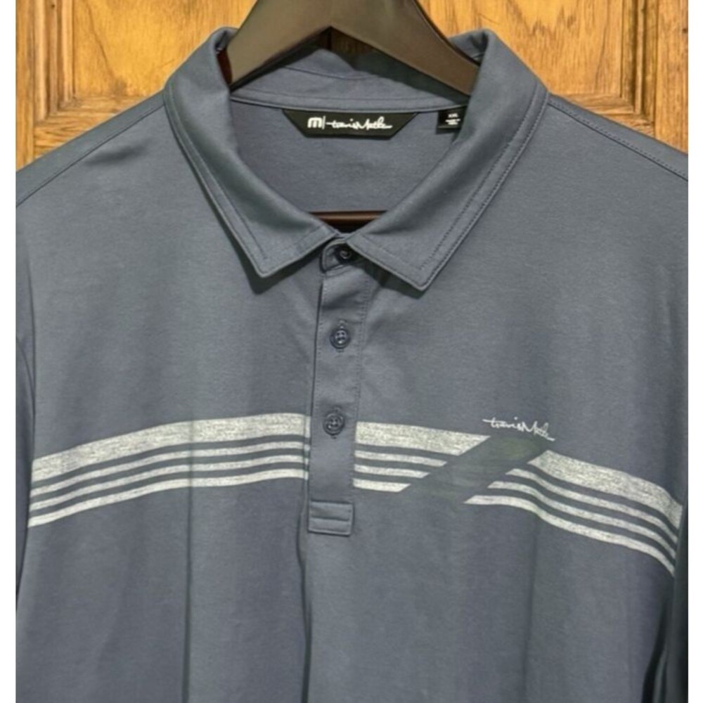 Travis Mathew Polo Shirt Men's XXL Blue Gray Striped Pima Cotton Poly Trump Golf